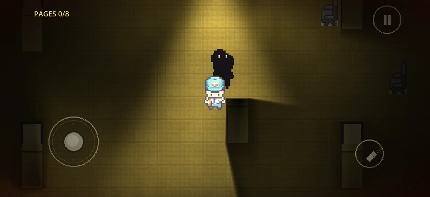 OVERSTAY gameplay — a figure in a dark office corridor lit by a flashlight cone, with a shadowy shape close behind and a pages counter reading 0 of 8.