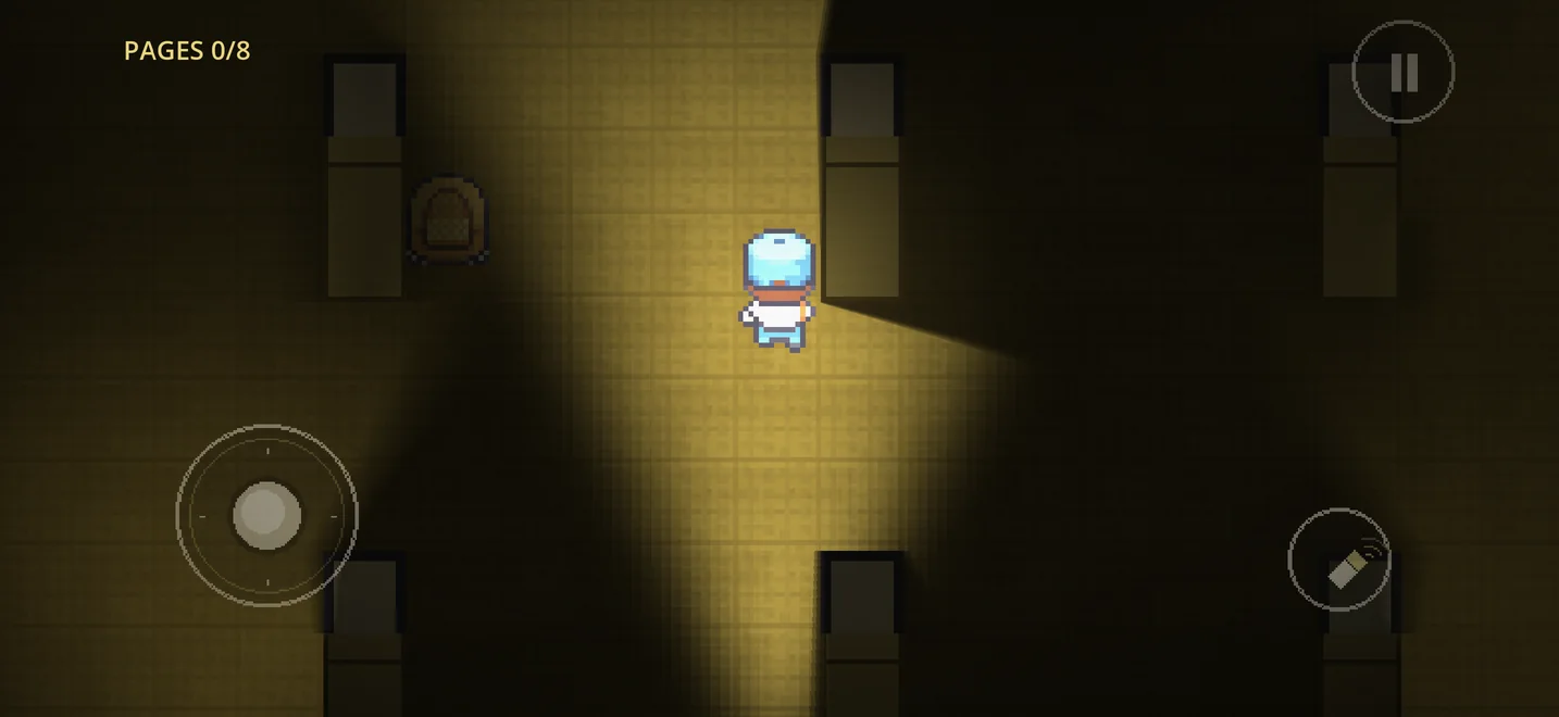 OVERSTAY gameplay — exploring a mustard-carpeted office floor by flashlight, cubicle partitions and a doorway visible in the dark.